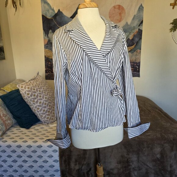 Jones New York Signature Black White Striped Wrap Blouse XL Cotton Tie Waist Top - Picture 2 of 11